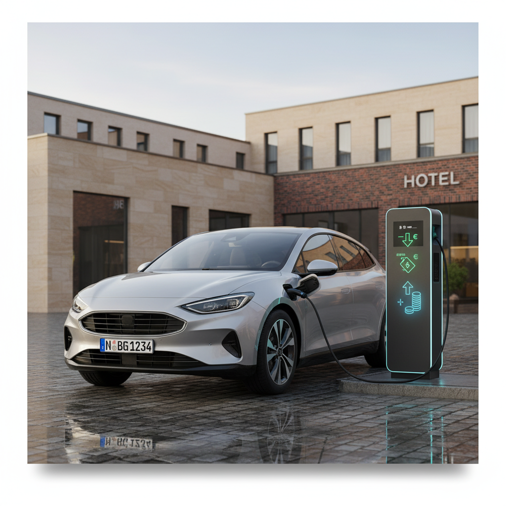 Elektroauto lädt an moderner E-Ladestation vor einem Hotel in Deutschland – visuelle Hinweise: Gast spart Kosten, Eigentümer erzielt Einnahmen